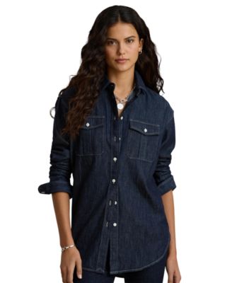 Women's Long-Sleeve Point Collar Relaxed-Fit Denim Shirt