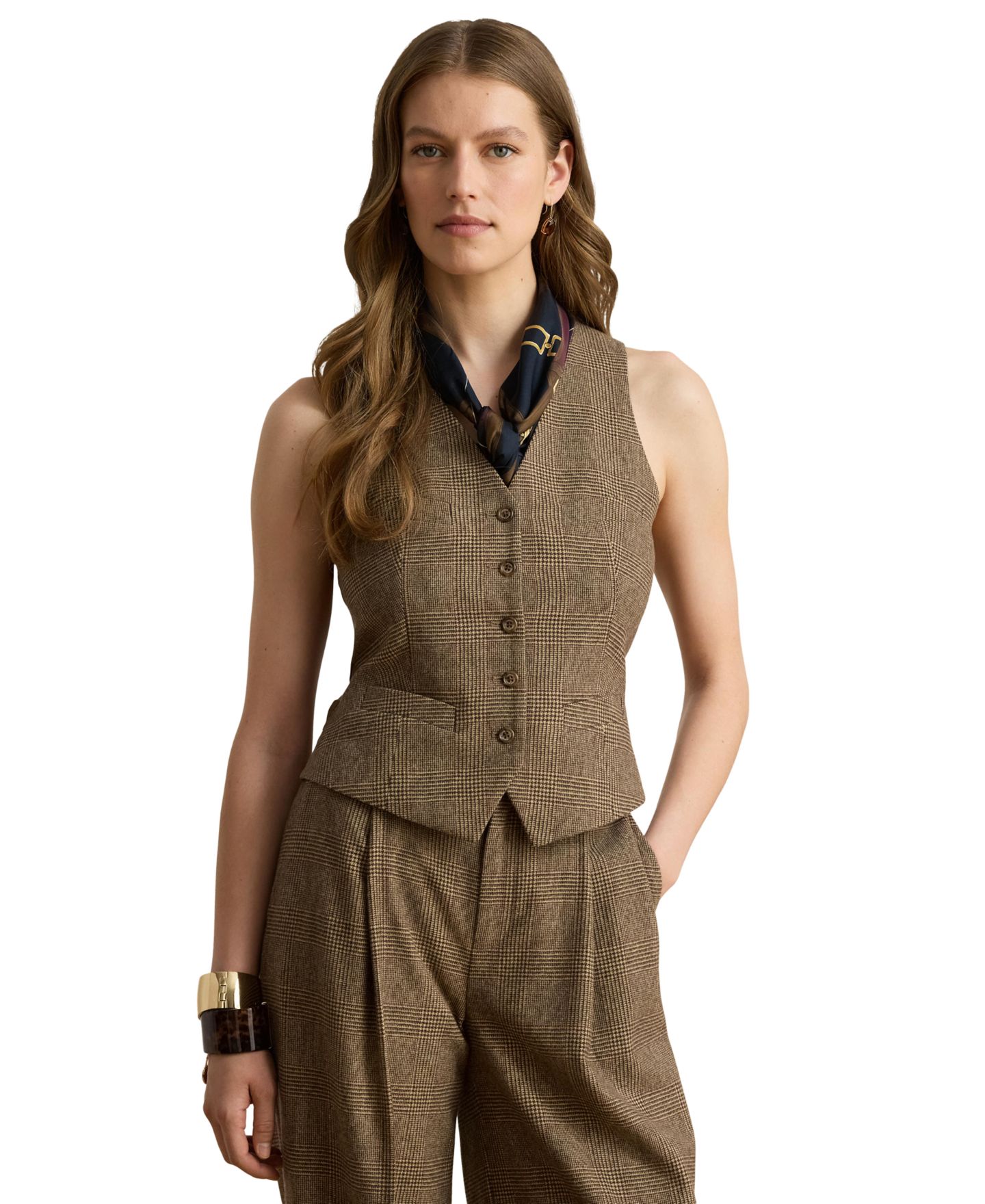 Женский жилет Lauren Ralph Lauren Glen Plaid V-Neck Vest, цвет: Коричневый / Рыжевато-коричневый разноцветный — фото 1