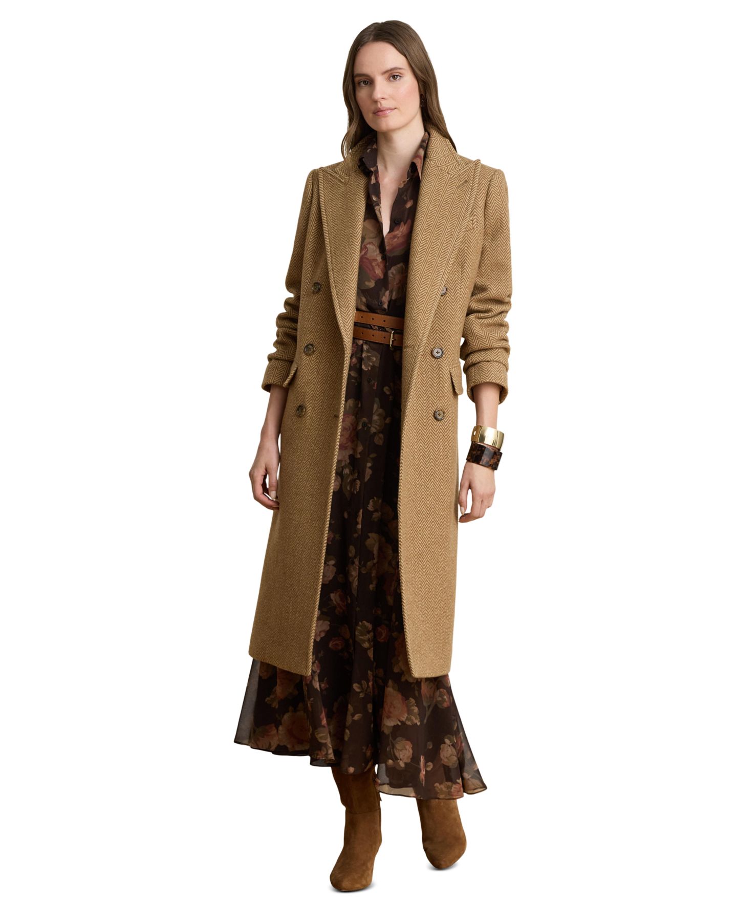 Женское пальто Lauren Ralph Lauren Wool-Blend Double-Breasted Herringbone, цвет: Коричневый / Рыжевато-коричневый разноцветный — фото 1
