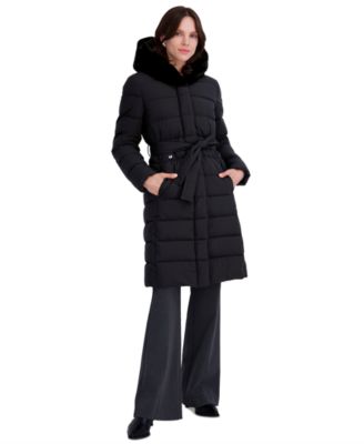 Women's Long Belted Faux-Fur Hooded Puffer Coat
