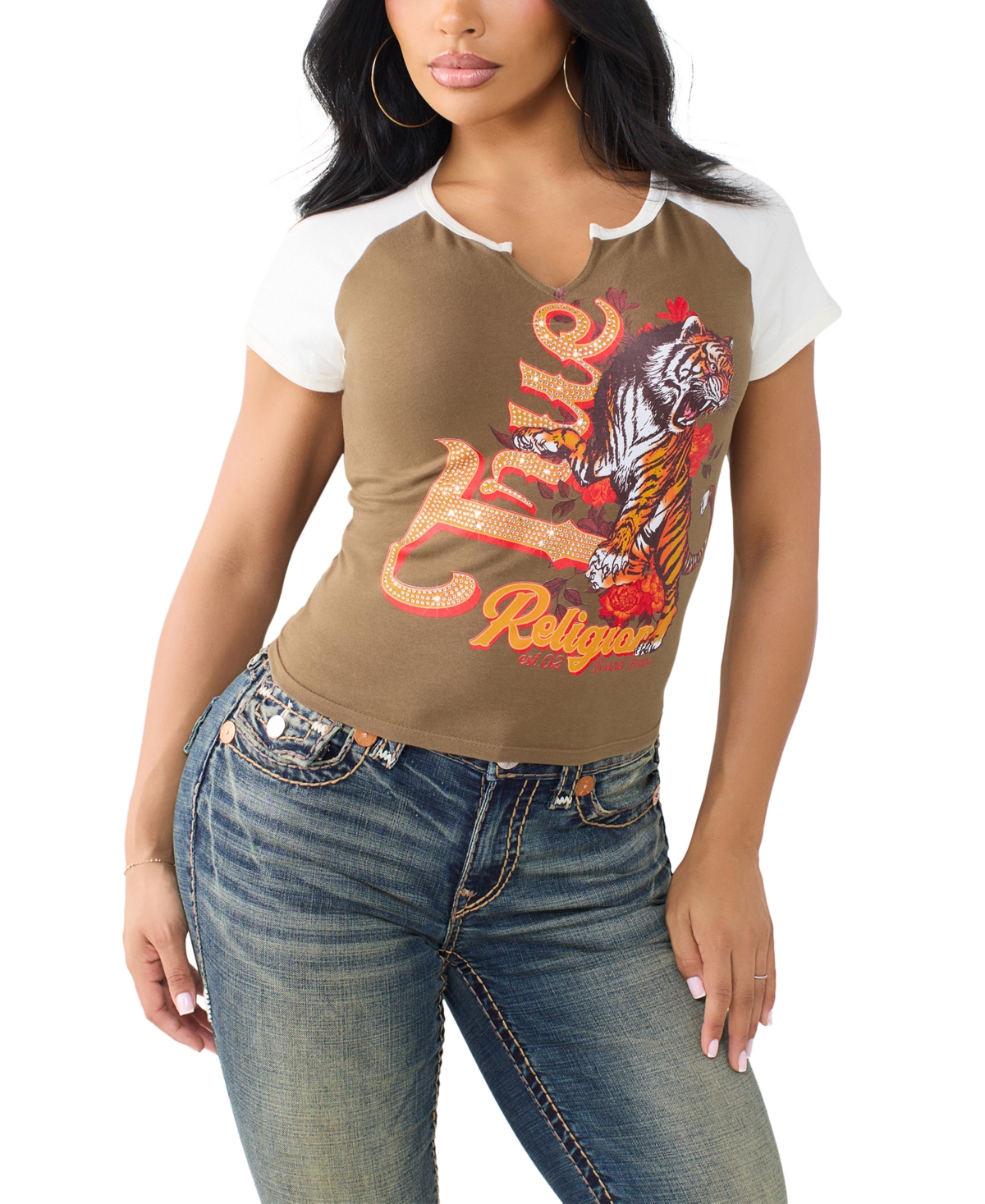 True Religion Women's Contrast Raglan Notch Baby T-Shirt
