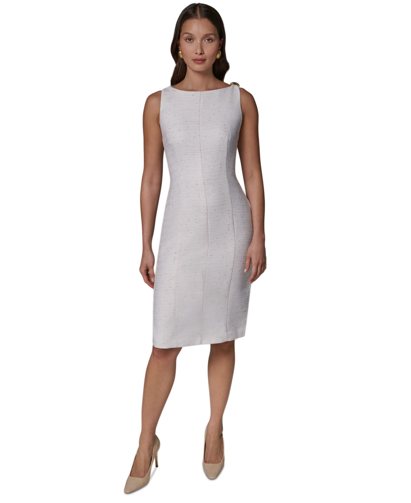 Женское платье Donna Karan New York Sleeveless Boat Neck Tweed Sheath, цвет: Кремовый / Золотой — фото 1