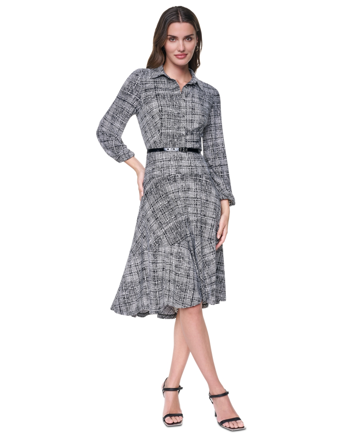 Dkny Women's Long Balloon Sleeve Collared Belted Midi Shirt Dress