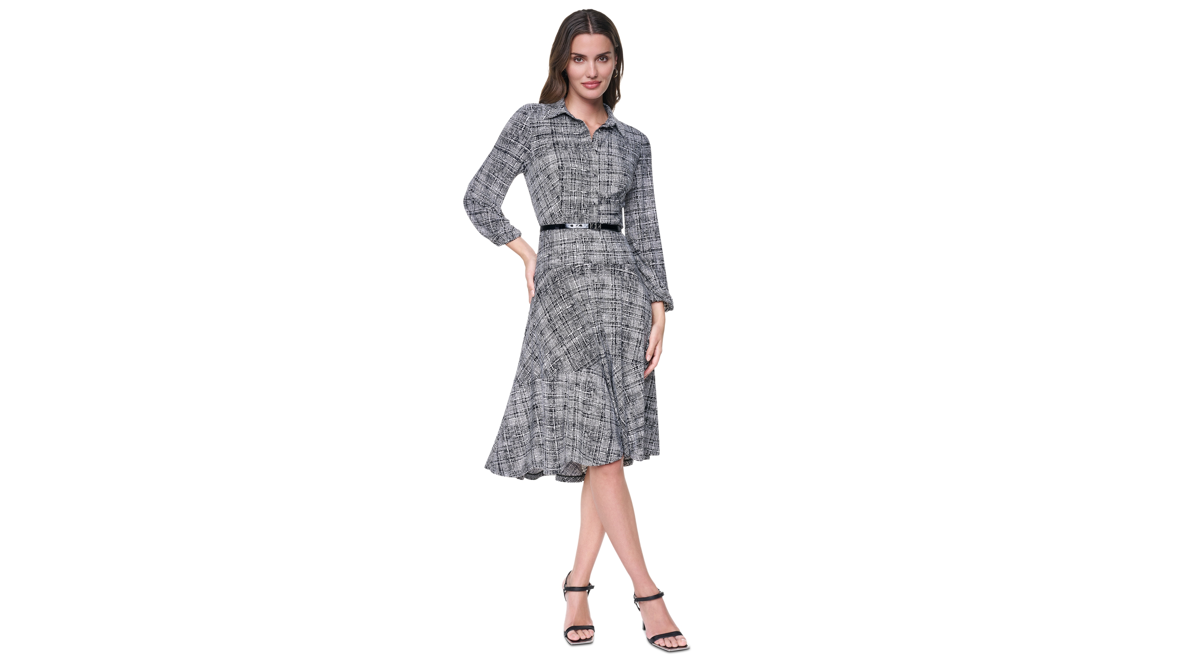 Dkny Women's Long Balloon Sleeve Collared Belted Midi Shirt Dress