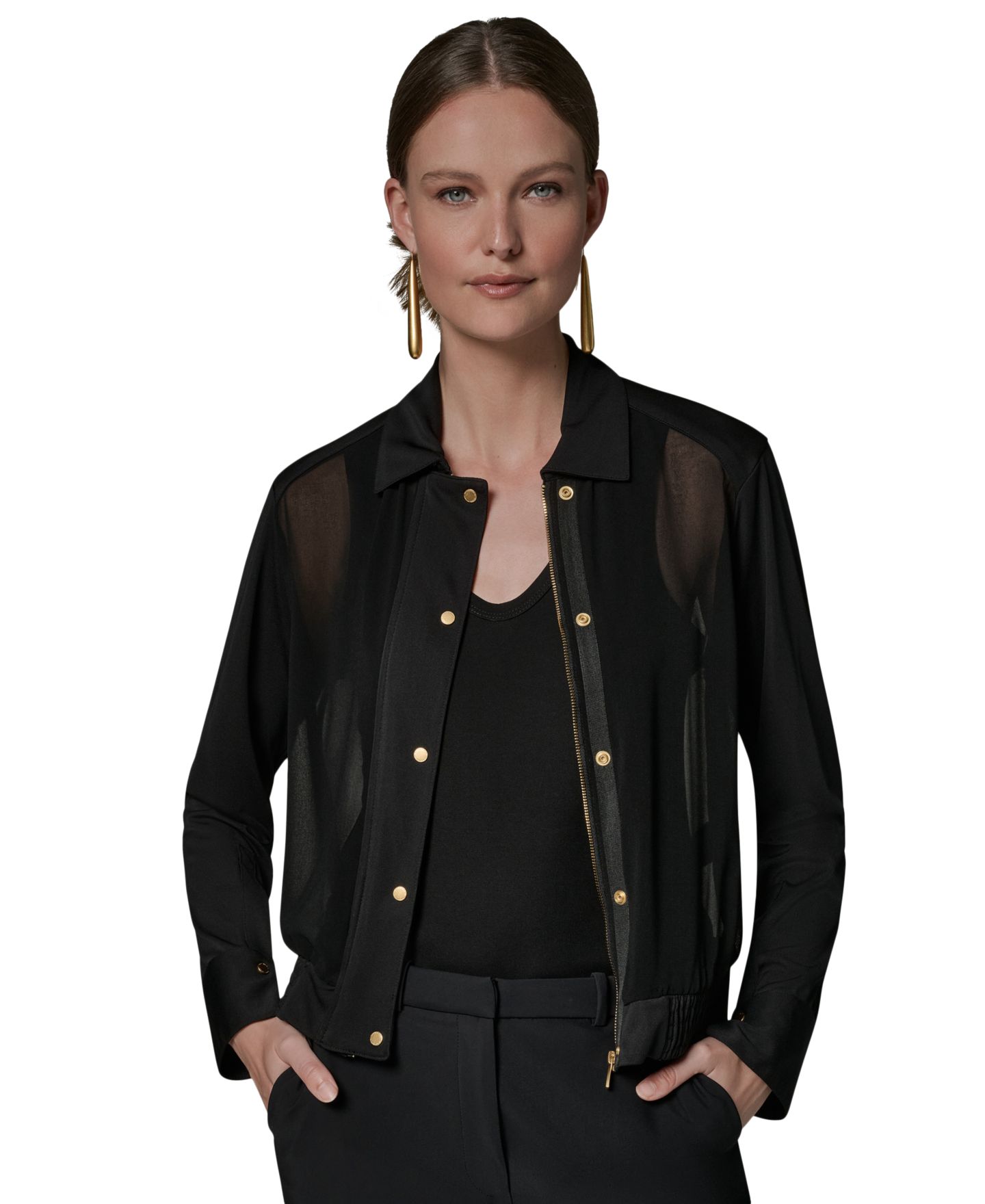 Женская куртка Donna Karan New York Bomber Mixed Media Zip-Front Jersey Jacket, цвет: Чёрный — фото 1