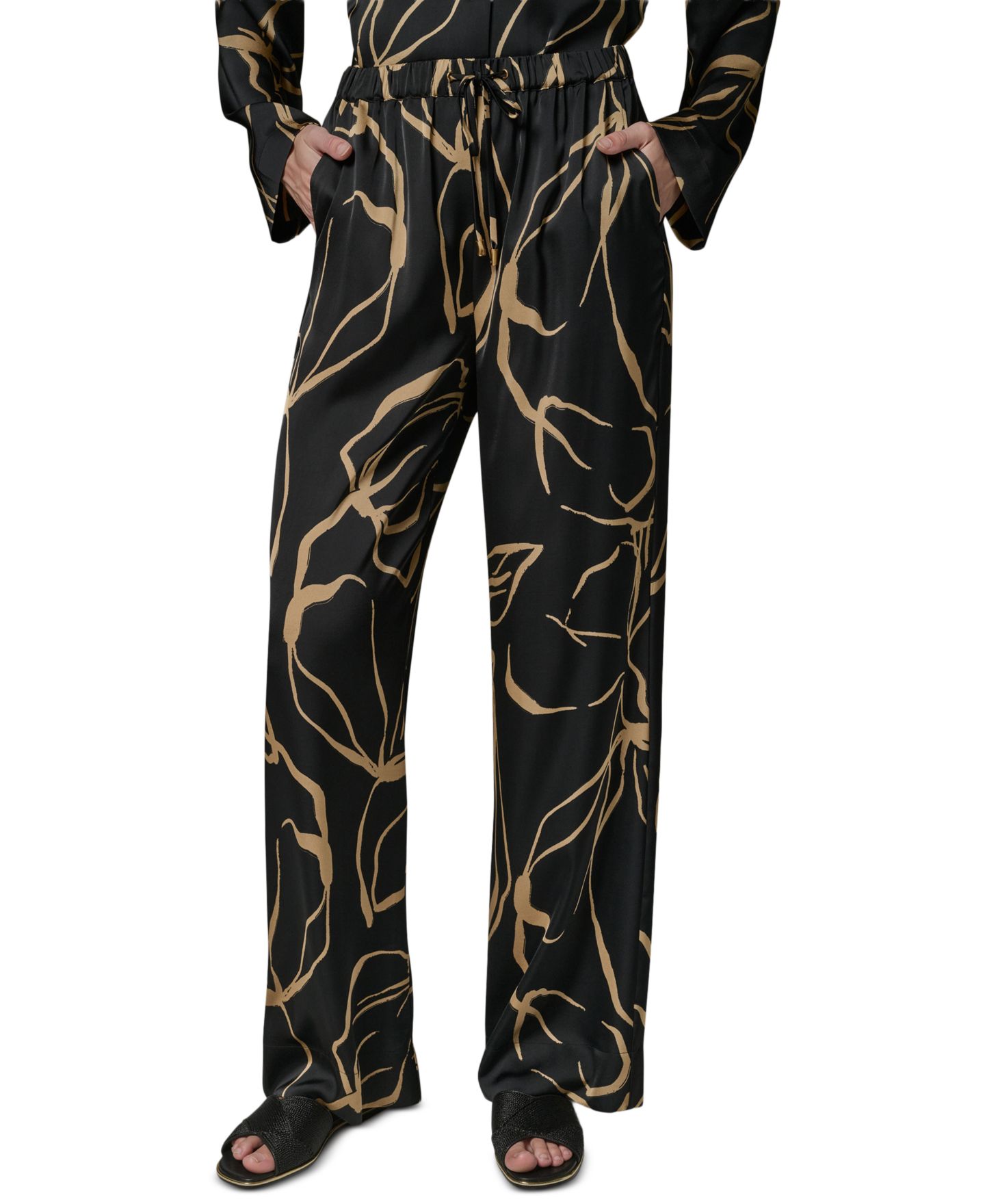 Женские брюки Donna Karan New York Printed Wide-Leg Pull-On, цвет: Чёрный / Палевый — фото 3