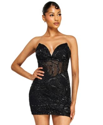 Juniors' Strapless V-Neck Sequin Beaded Mini Dress with Illusion Corset