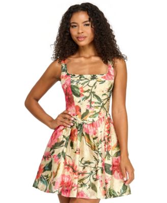Juniors' Printed Jacquard Square Neck Corset Drop-Waist Dress