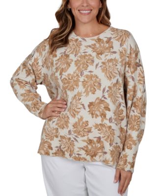 Plus Size Floral-Print Crewneck Long-Sleeve Sweater