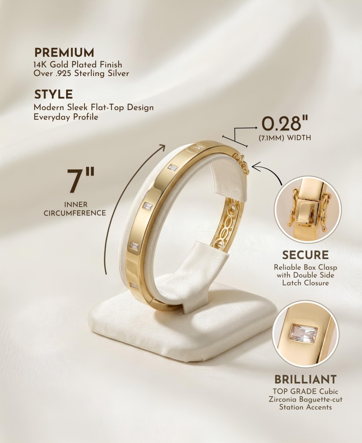 Genevive Sterling Silver 14K Gold Plated with Baguette Cubic Zirconia Bangle Bracelet
