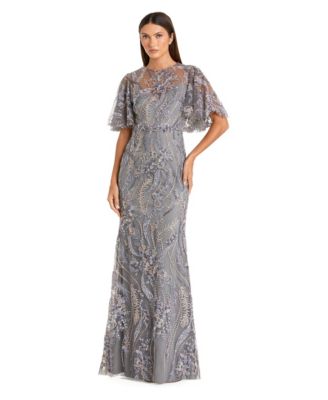 Petite Floral-Embroidered Flutter-Sleeve Gown
