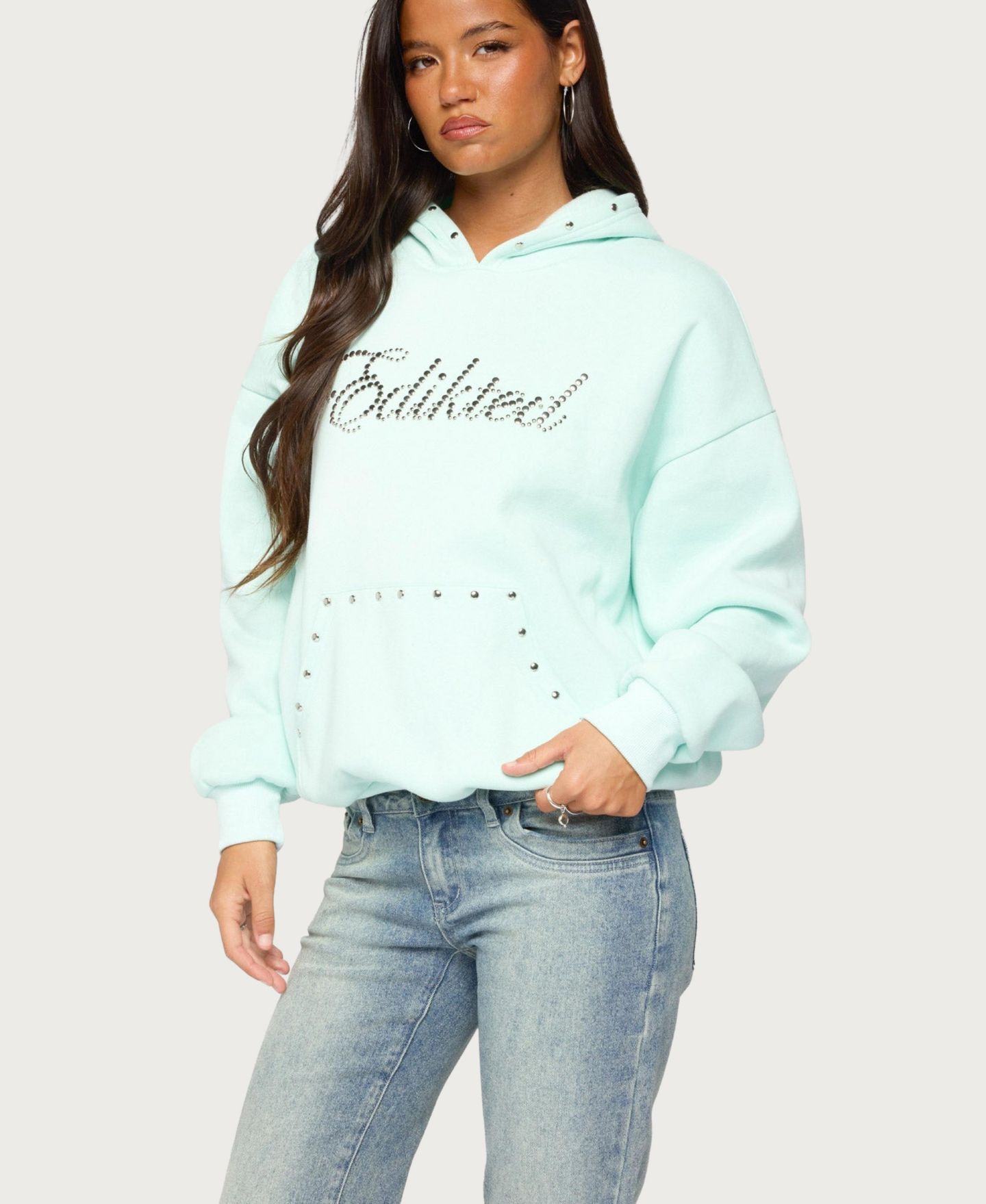 Женское худи Edikted Rockstar Studded Graphic, цвет: Аквамариновый — фото 4