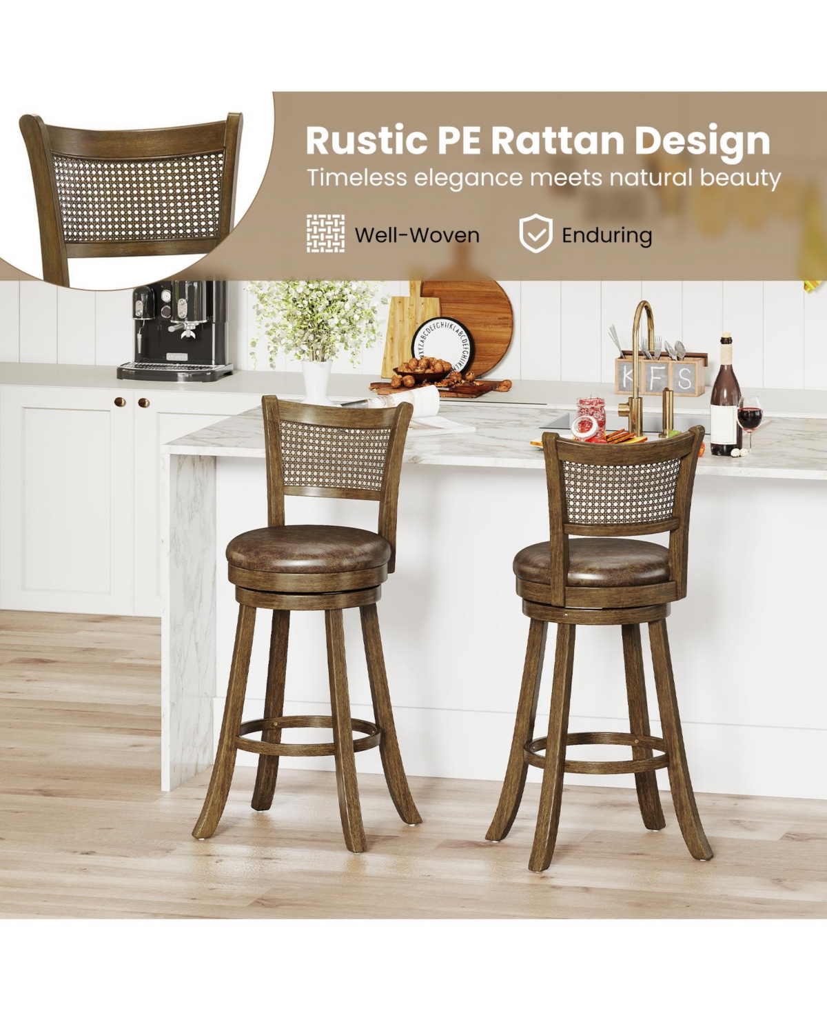 Gymax Set of 2 Bar Stools 30'' Swivel Bar Chairs with Pe Rattan Backrest Bar Height