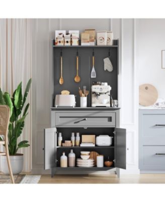 63'' Pantry Cabinet with 4 Hooks, Kitchen Storage Cabinet with Charging Station, Coffee Bar Table for Living Room, Dining Room, 1 Large Drawer