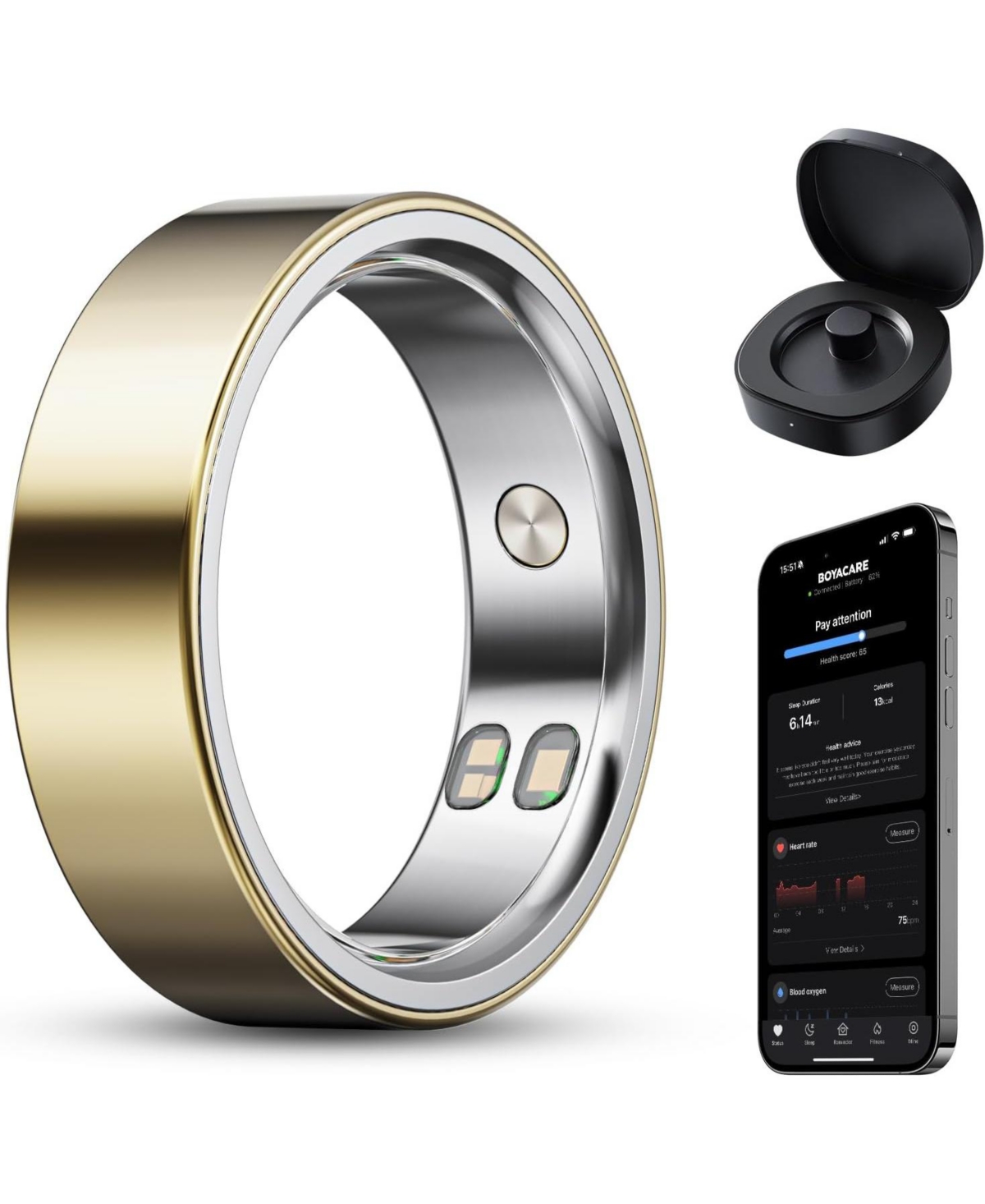 Boyacare Smart Ring Health Tracker with Sleep Monitor, Heart Rate, Stress, Fitness, Blood Oxygen, Call and Alarm Vibration Alerts / No Subscription -