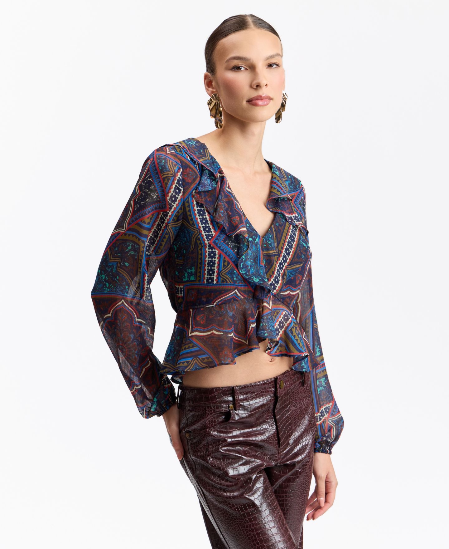 Женская блузка Avec Les Filles Long-Sleeve V-Neck Ruffle, цвет: Jewel Souk — фото 4