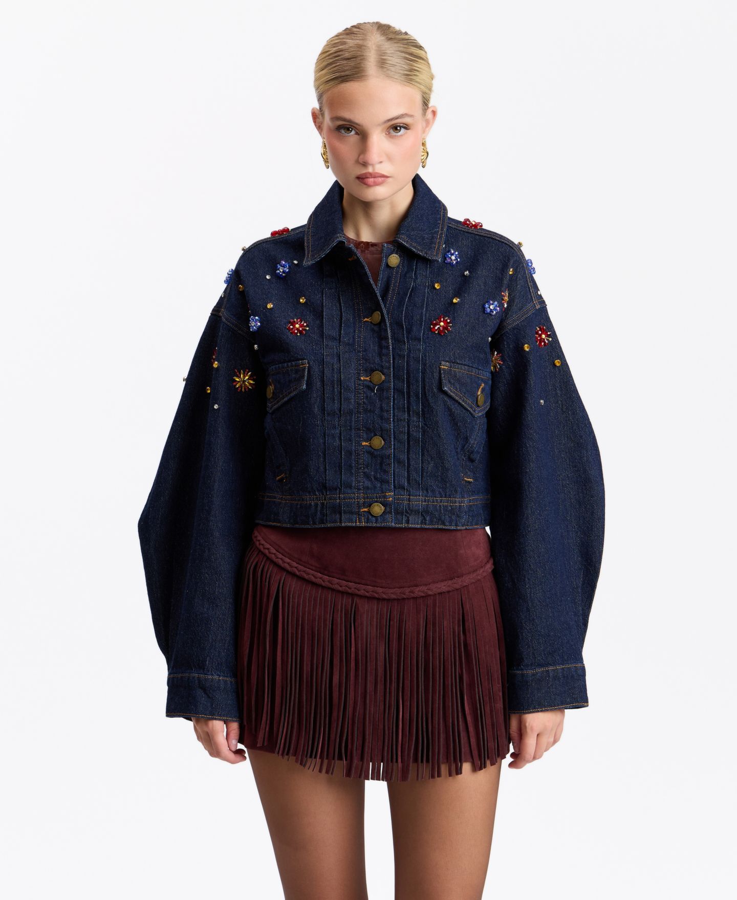 Женский пиджак Avec Les Filles Gem-Embellished Cropped Denim Blazer, цвет: Разноцветный — фото 3
