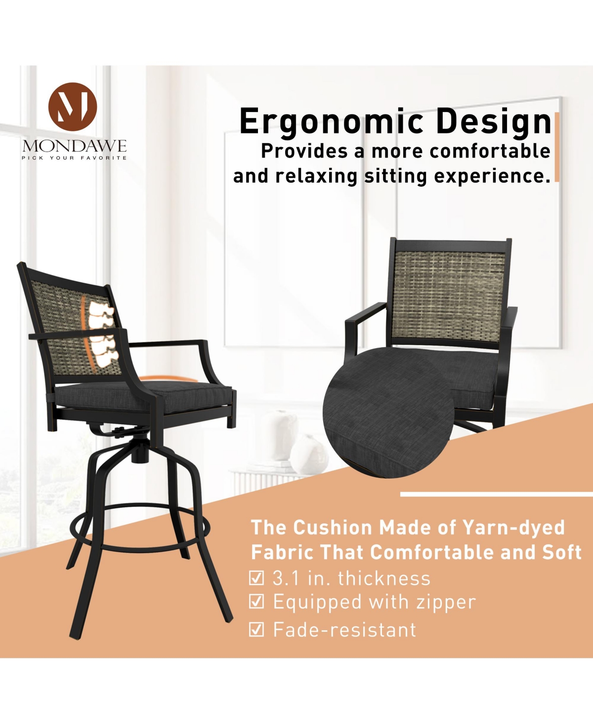 Mondawe Cast Aluminum 360degree(s) Rotating Rocking Chair With Cushion (Set of 2)