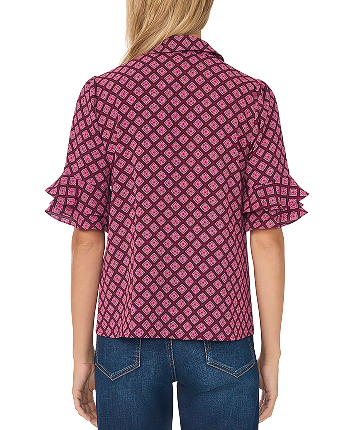 CeCe Women's Collared Button Up With Ruffle Sleeve Opening Geometric-Print Blouse
