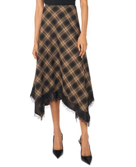 Женская юбка 1.STATE Bias Cut Hankerchief Plaid A-Line Midi, цвет: Насыщенный чёрный