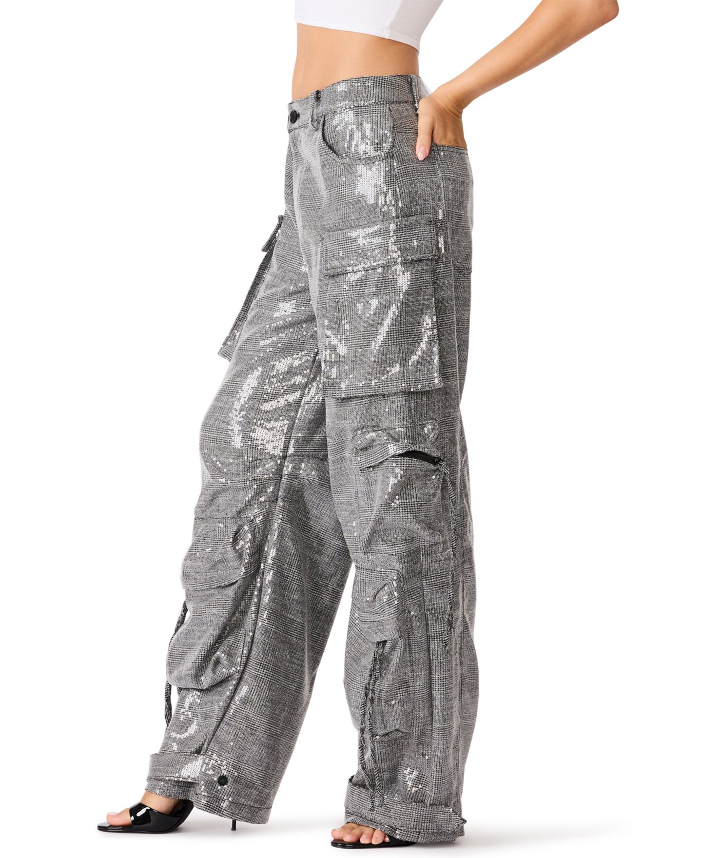 Женские брюки Steve Madden Duo Sequin Wide-Leg Cargo, цвет: Клетчатый — фото 4