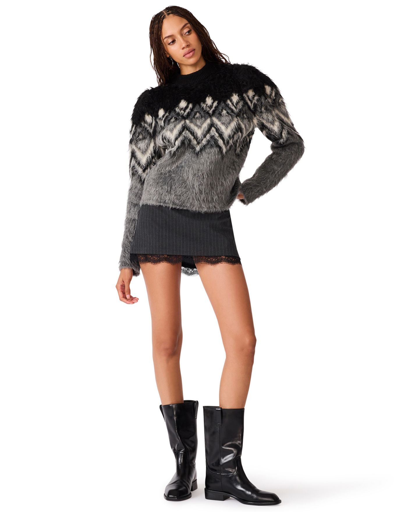 Женский свитер Steve Madden Mora Mock Neck Fair Isle Fuzzy Knit, цвет: Чёрный разноцветный — фото 2