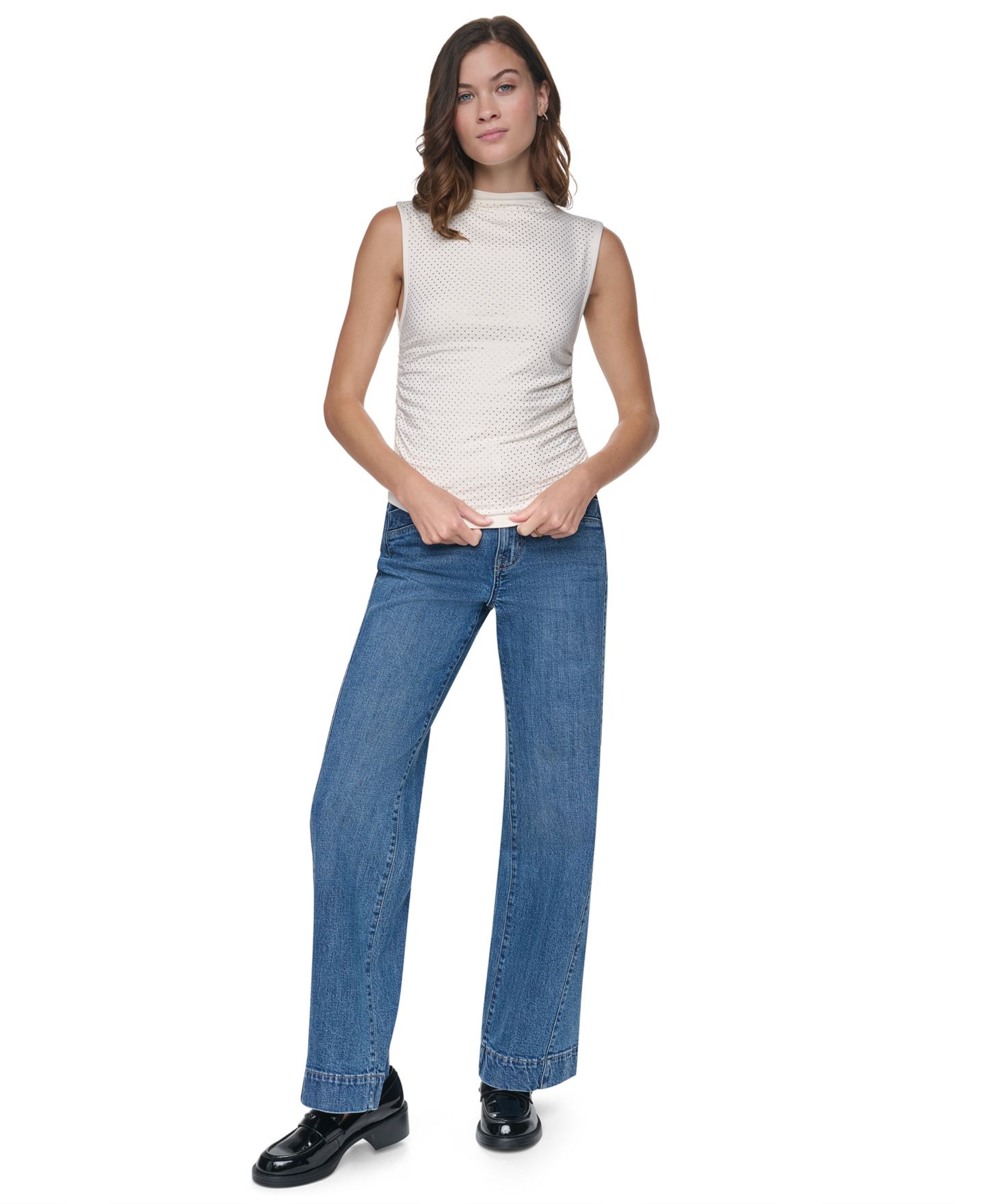 Женский топ DKNY Jeans High-Neck Sleeveless Ruched, цвет: Сливочный / Прозрачный — фото 2
