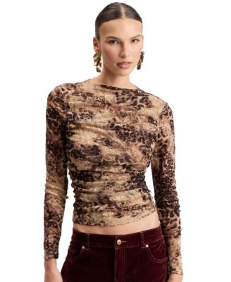 Women's Leopard-Print Ruched Long-Sleeve T-Shirt