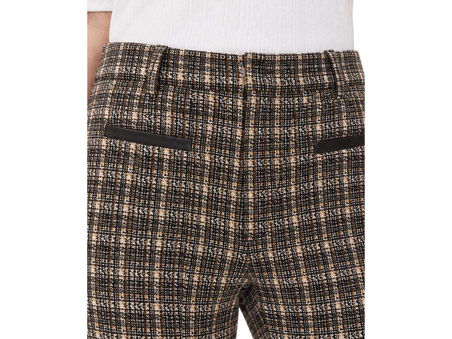 Женские брюки Liverpool Los Angeles Petite Faux-Leather Trim Plaid Straight-Leg Trousers, цвет: Чёрный рыжевато-коричневый клетчатый — фото 3