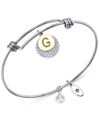 Photo 1 of Unwritten Pave and Initial Disc Bangle Bracelet in Stainless Steel and Silver Plated