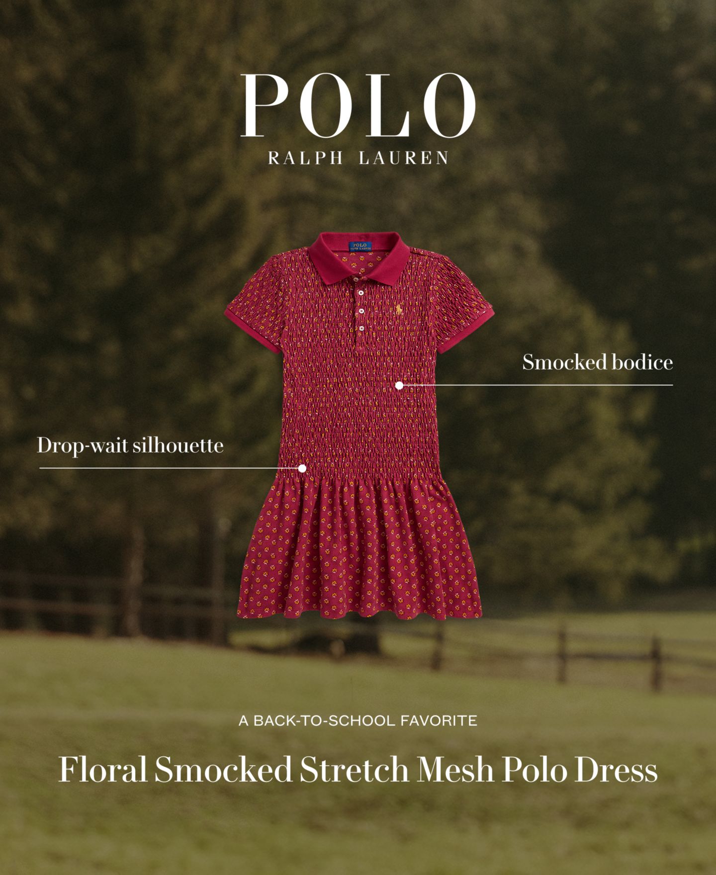 Платье Polo Ralph Lauren Floral Smocked Stretch Mesh Polo Dress для девочек, цвет: Bayberry Woodblock — фото 4