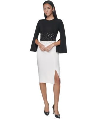 Petite Colorblock Rhinestone Bell-Sleeve Midi Dress