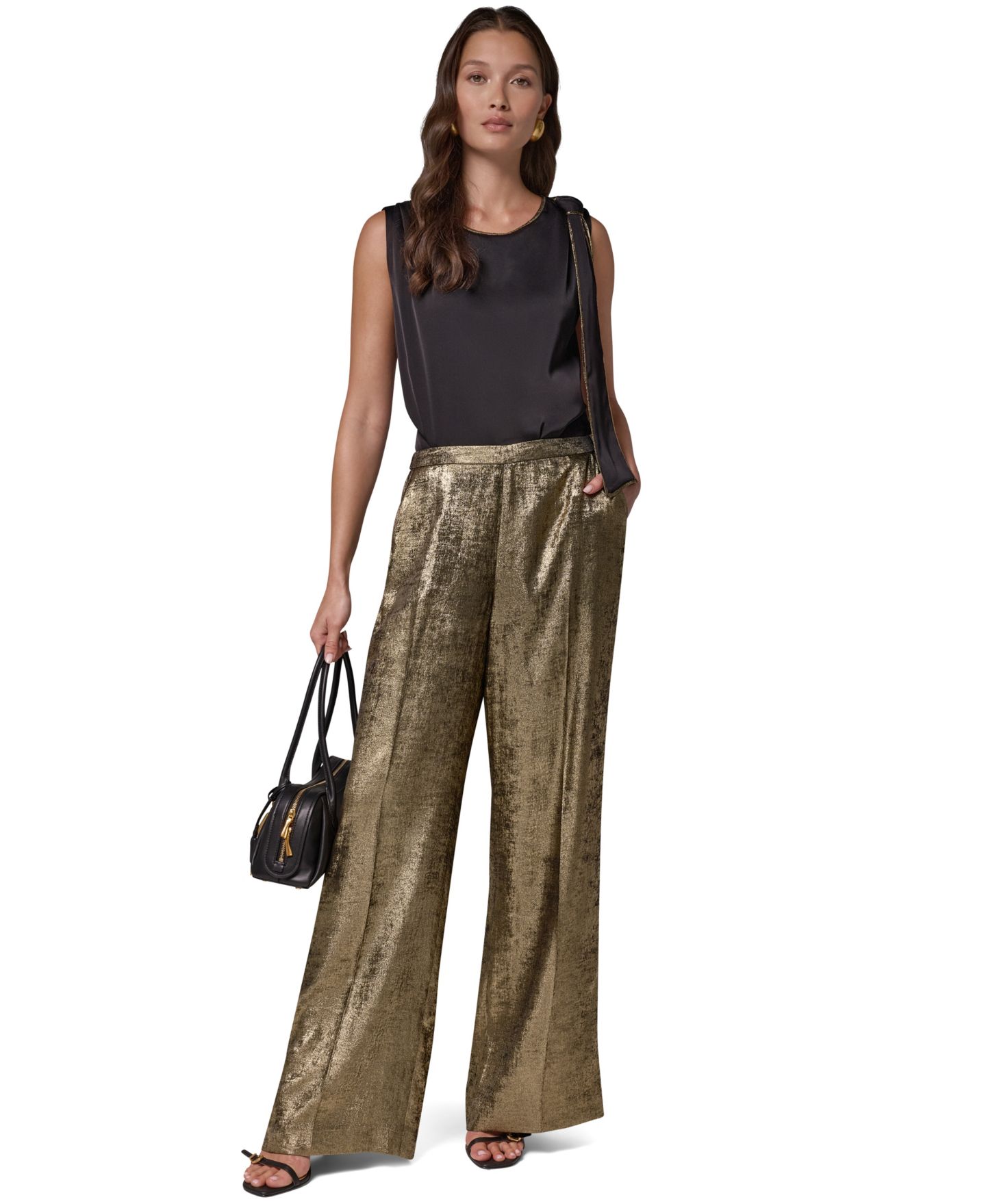 Женские широкие металлизированные брюки Donna Karan New York Petite без застёжки, цвет: Золотой — фото 3