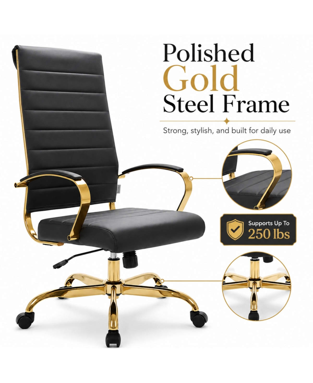 LeisureMod Benmar High-Back Leather Office Chair with Gold Accents, Adjustable Height, Swivel and Tilt Conference Desk