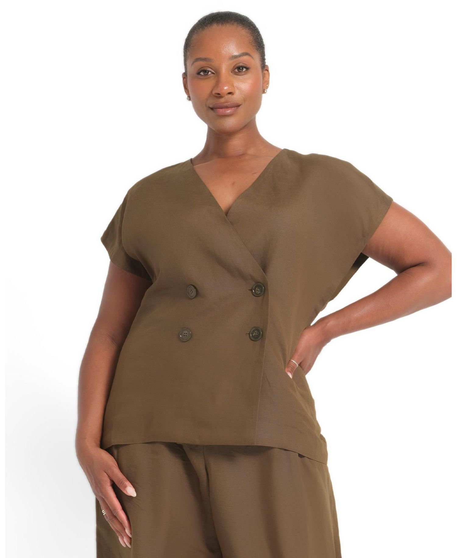 Plus Size Katrina Double-Breasted Sleeveless Linen-Blend Blazer