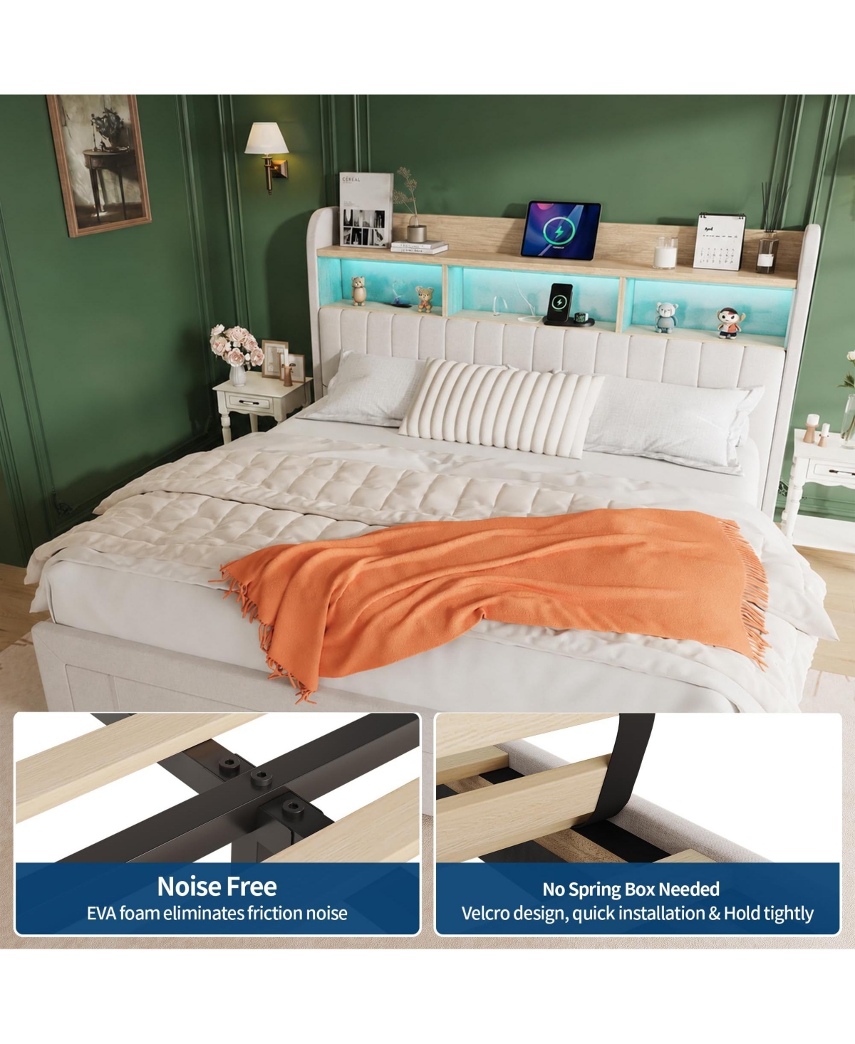 Gaomon Set of 2 Twin Platform Bed Frame with Charging Station and Storage Headboard, Heavy Duty, No Box Spring Needed, Easy Assembly