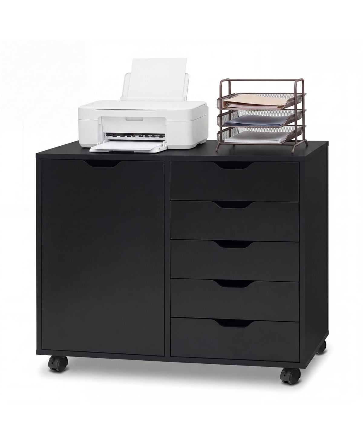 Costway 5 Drawer Storage Cabinet on Wheels with Door and Adjustable Shelf for Home Office - Black