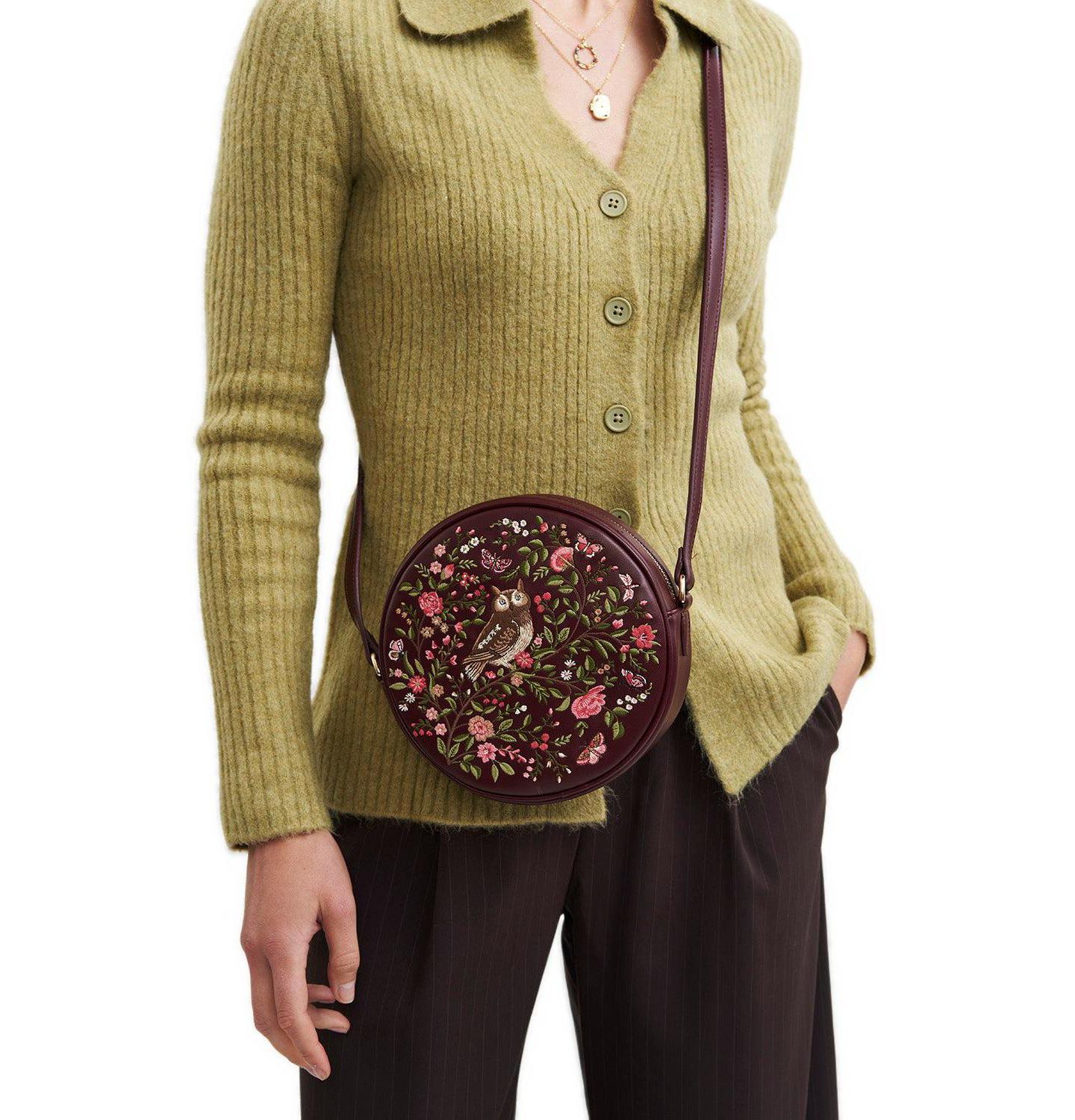 Женская сумка Fable England Chloe Owl Embroidered Circle, цвет: Бордовый — фото 2