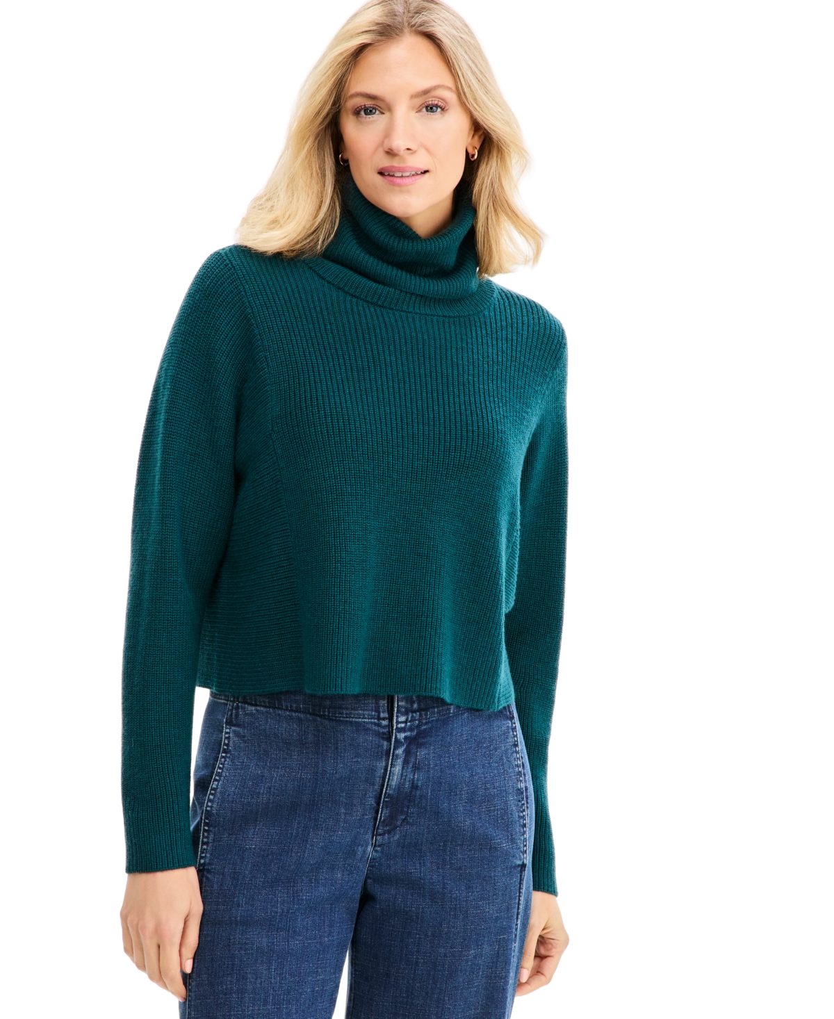Eileen Fisher Women's Fold Over Turtleneck Ribbed Merino Wool Sweater - Kelp
