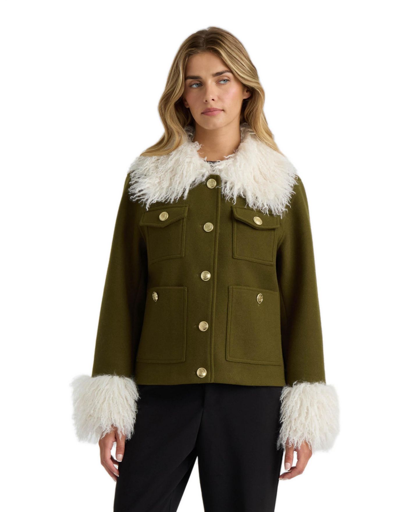 Женская куртка NVLT Faux Wool Sb Short Jacket With Mongolian Faux Fur Collar, цвет: Оливковый — фото 1