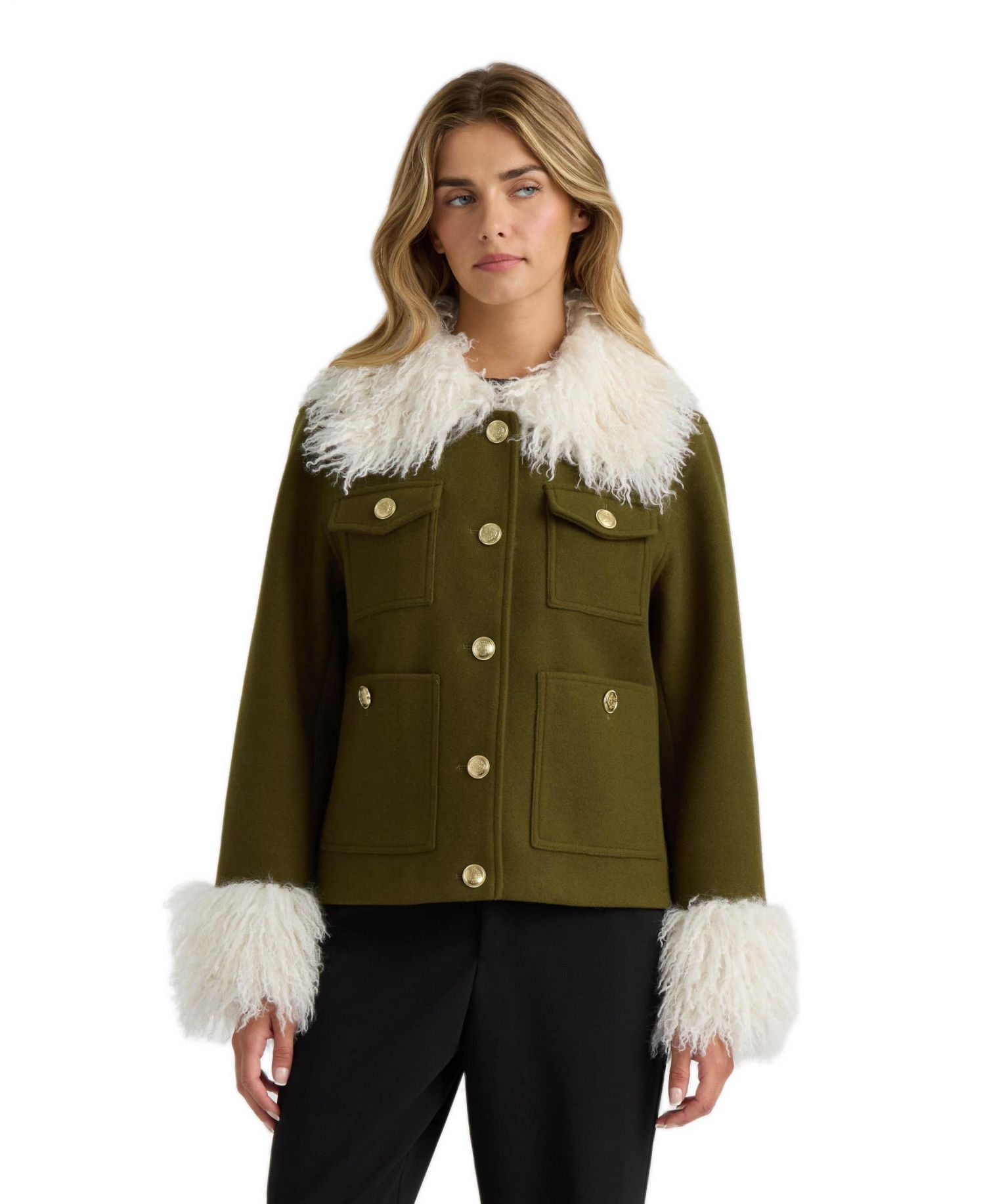 Women's Faux Wool Sb Short Jacket With Mongolian Faux Fur Collar