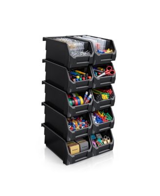 Medium Open Front Stackable Garage Storage Bin - Heavy Duty Plastic Organizer Tote for Tools, Hardware and Shelving