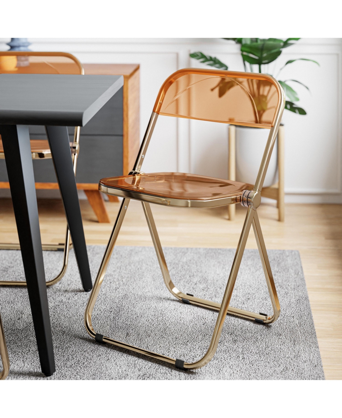 LeisureMod Lawrence Clear Acrylic Folding Chair, Modern Gold Chrome Frame, Fully Assembled Portable Dining Seat