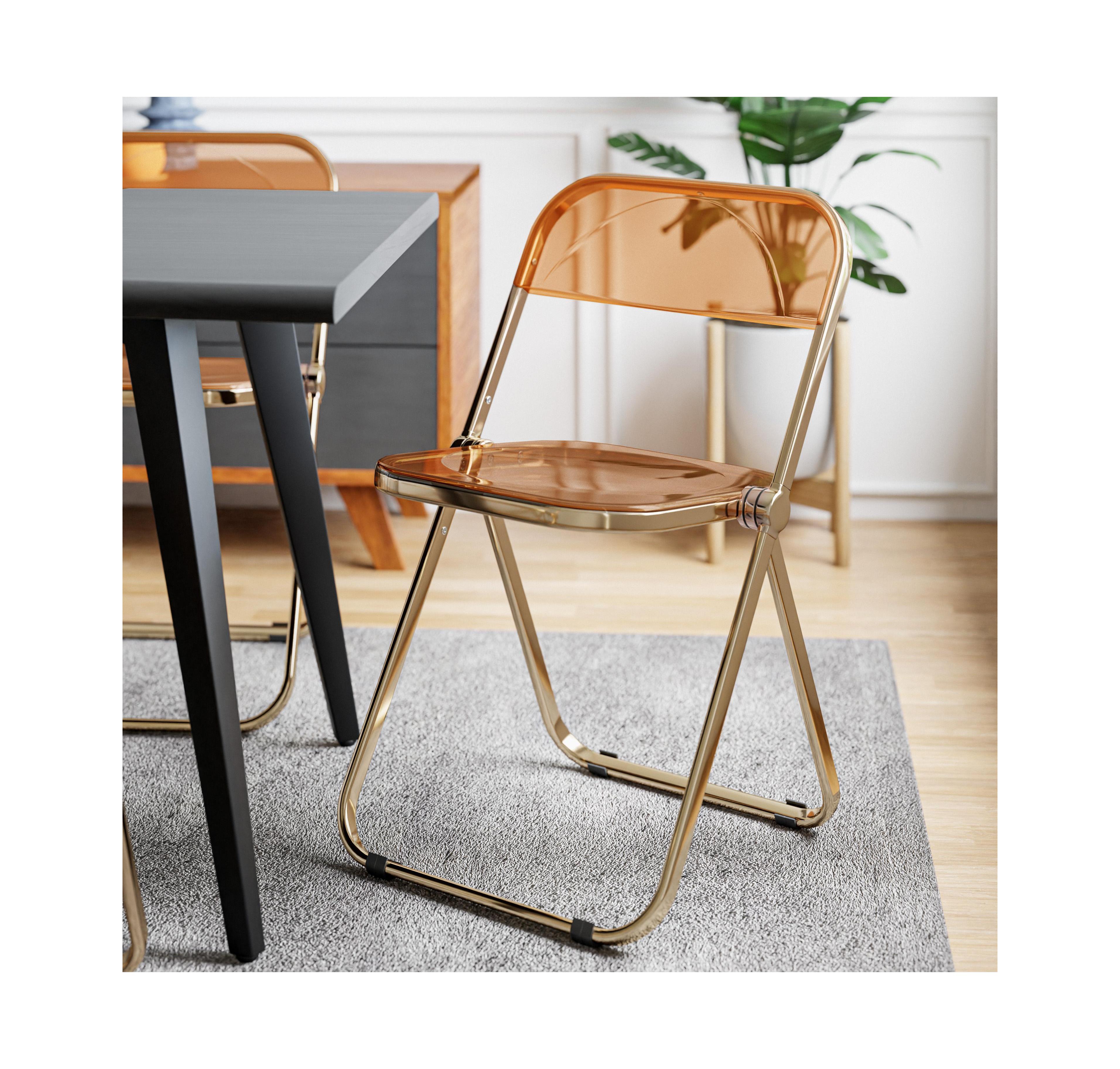 LeisureMod Lawrence Clear Acrylic Folding Chair, Modern Gold Chrome Frame, Fully Assembled Portable Dining Seat