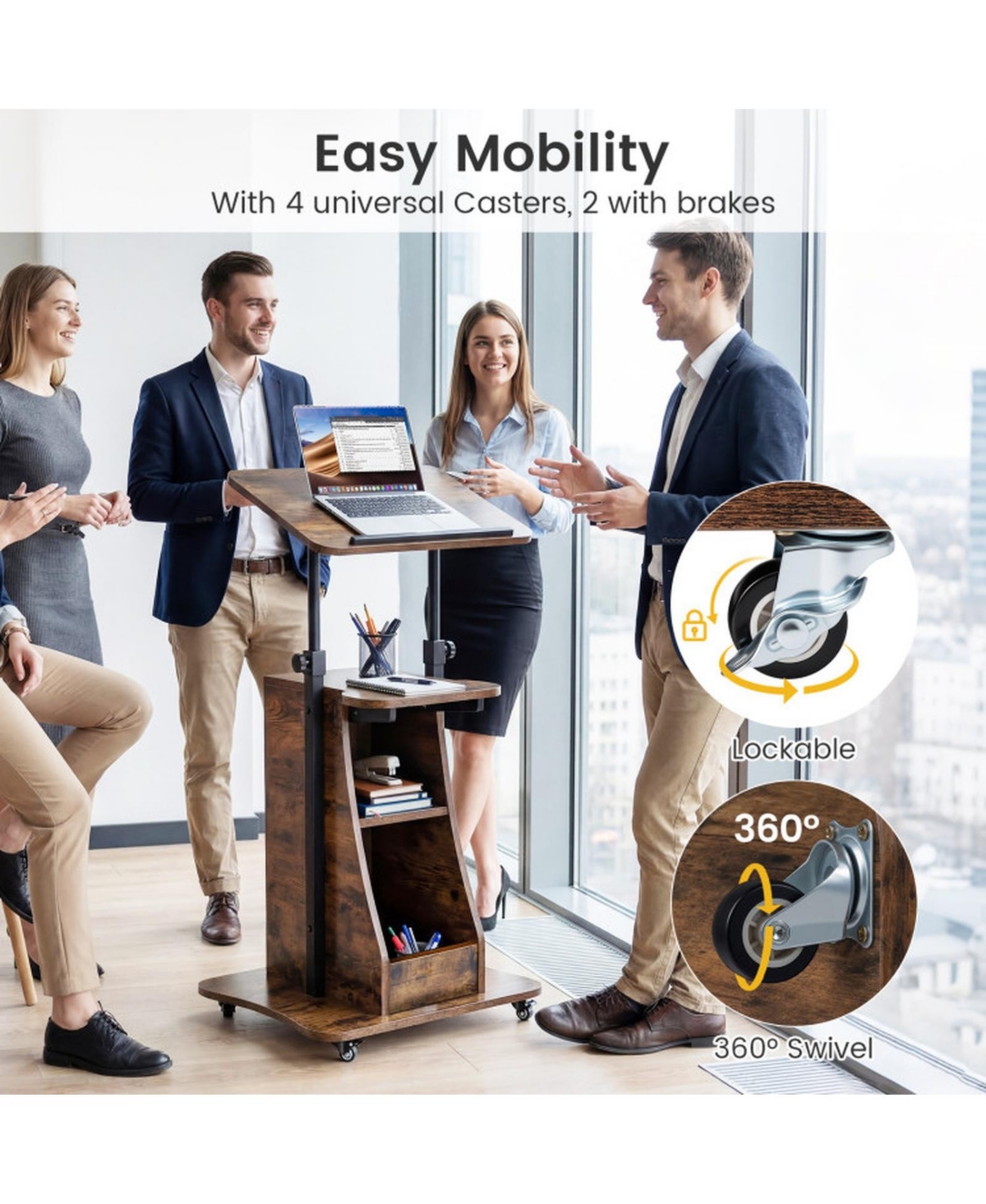 Gouun Mobile Podium Stand with Tilting Tabletop and Storage Compartments