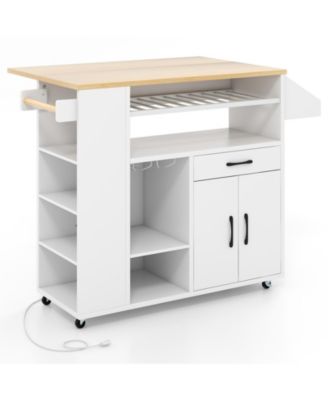 Rolling Kitchen Island Cart with Power Outlet, Drop Leaf and Casters
