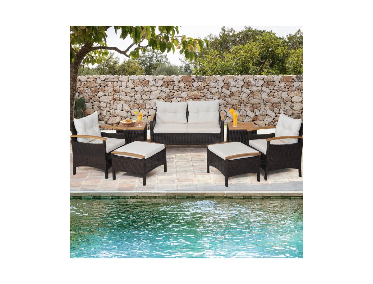 Mondawe 7 Piece Rattan Patio Sofa Set with Acacia Wood Tabletop and Armrests