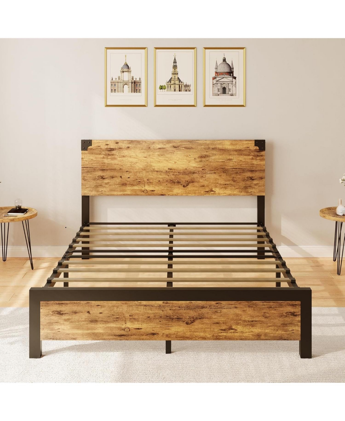 gaomon Queen Metal Platform Bed with Wood Headboard