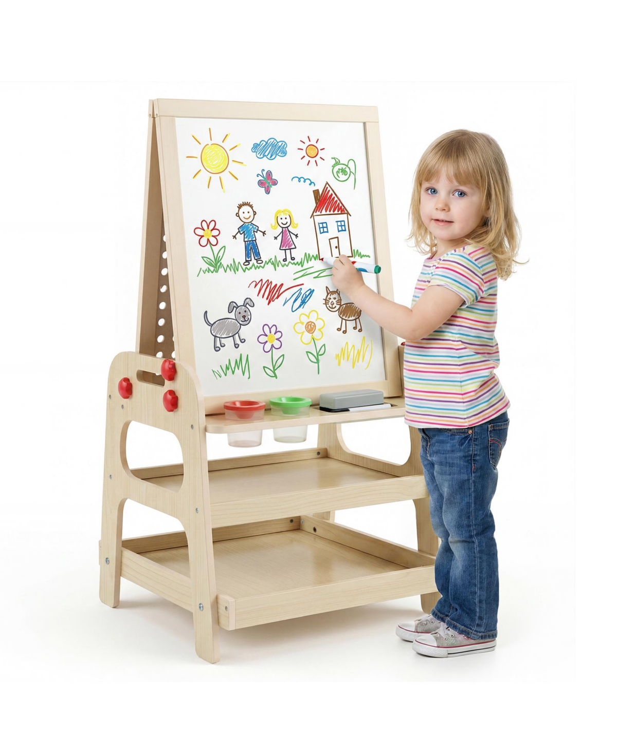 Gymax 2-in-1 Easel for Kids Wooden Art Easel with Magnetic board and Marble Run Game