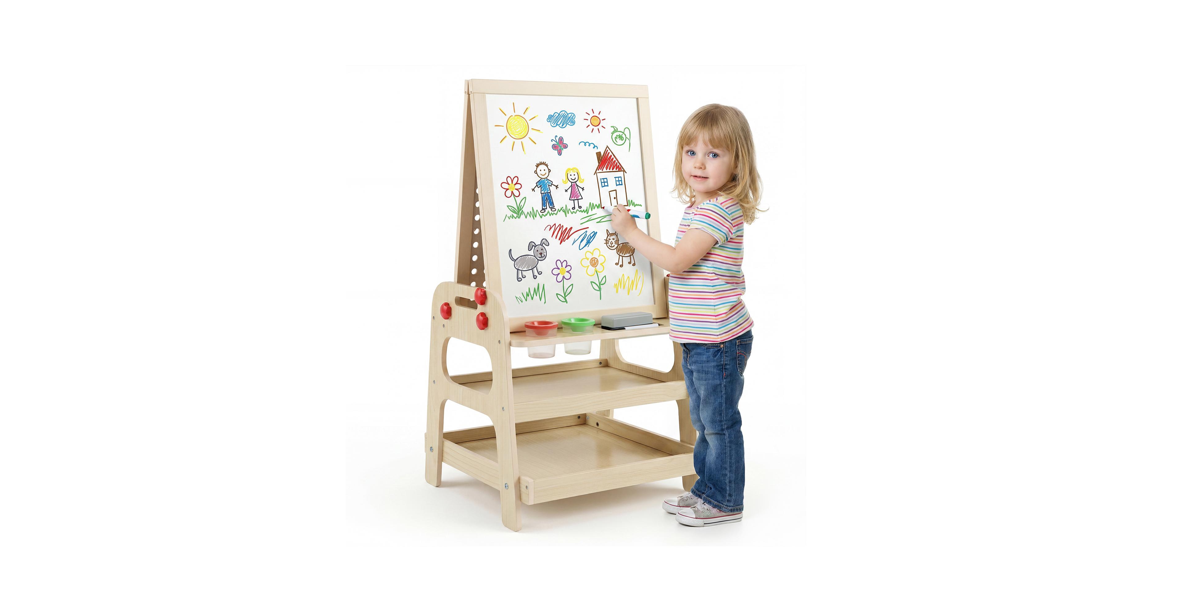 Gymax 2-in-1 Easel for Kids Wooden Art Easel with Magnetic board and Marble Run Game